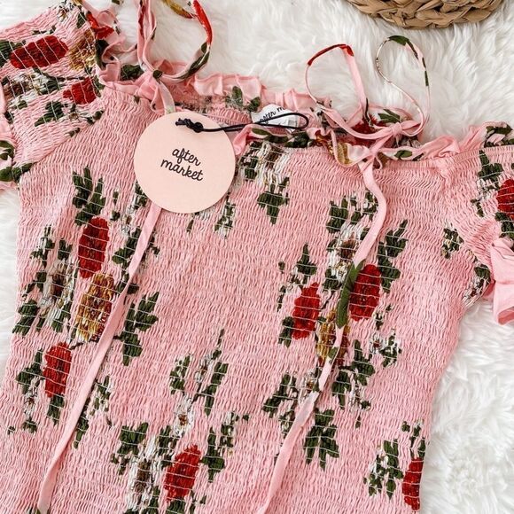 Pink Floral Print Smocked Dress, M - Picture 4 of 5